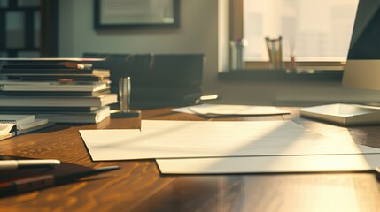 Closeup office desk with work papers and document background