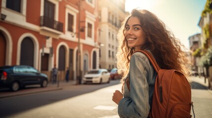 Obraz premium Cheerful beautiful woman with a backpack traveling along the city streets