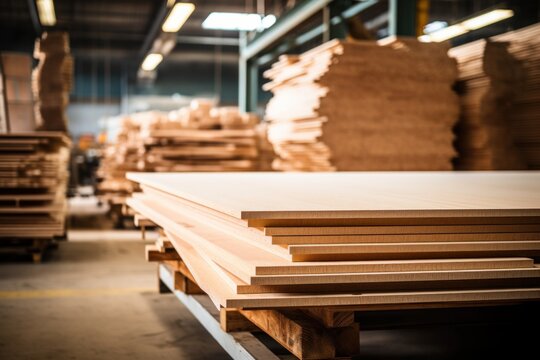 Wooden boards and chipboards stored at furniture factories Woodworking and woodworking industry concepts