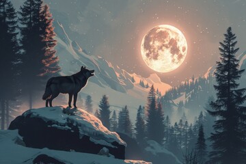 A wolf howls at the full moon in a mountain winter forest.