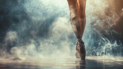 Ballerinas Feet in Smoke and Light on a Stage