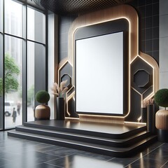 A room style interior set design with A large rectangular empty white frame and a black and gold wall informative engaging.