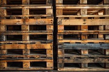Neatly stacked wooden pallets arranged in rows on a warehouse floor, creating a uniform and orderly storage space for goods and merchandise.