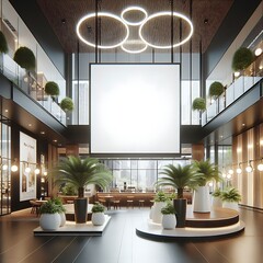 A room style interior set design with a large screen and plants.