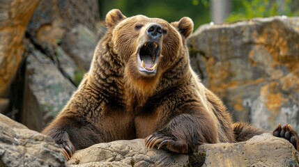 A bear stretching and yawning, showing its teeth and massive paws in a candid moment.