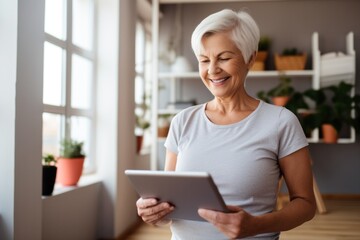 Senior woman exercising looking at exercise plan on tablet at home