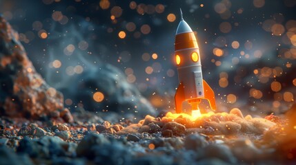 Fototapeta premium A toy rocket launching into the sky