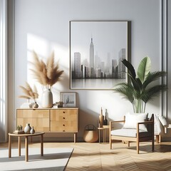 A room style interior set design with a painting of a city in the background unique Vibrant creative.