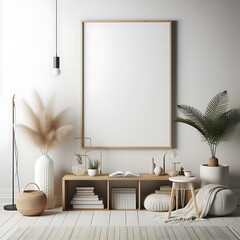 A room style interior set design with a white wall and a white poster.