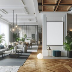 A room style interior set design with Modern commercial building interior with A large blank white screen frame creative optimized.
