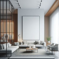 A room style interior set design with Modern commercial building interior with A large blank white screen frame creative unique creative.