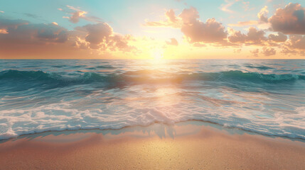 Obraz premium Beautiful sea summer or spring abstract background. Golden sand beach with blue ocean and cloudscape and sunset in the back