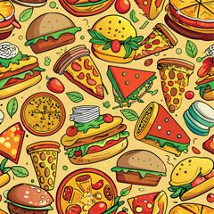 seamless pattern with cute Kawaii pizza and burger slices