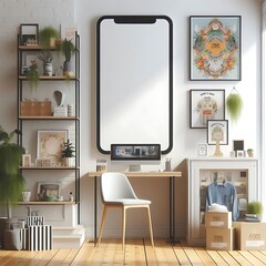 A working room there is an poster empty white with a computer desk and shelves and A chair and poster mockup highquality engaging unique highquality engaging Vibrant.