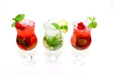 Refreshing cocktails with ice and mint on a white background