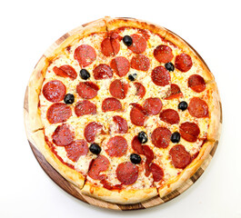  A mouthwatering pepperoni and olive pizza, ready to be enjoyed