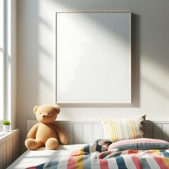 A teddy bear design colours graphic on A bed in bedroom accessible engaging.