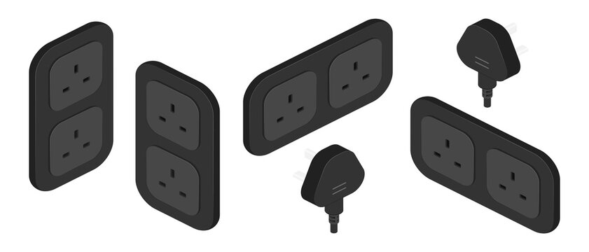 isometric black power outlet socket plug switcher british type g vector flat illustration