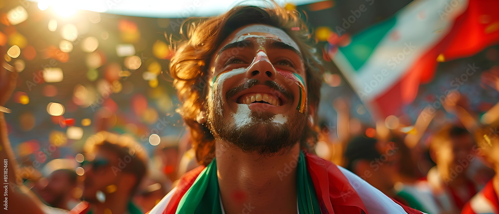 Wall mural Italy EURO football supporter on stadium. Italy fans cheer on soccer pitch watching winning team play. Group of supporters with flag and national jersey cheering for Italy. Championship victory