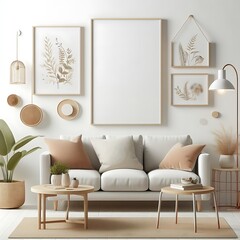 A living room style interior set design with a mockup poster empty white and with a couch and a coffee table Vibrant creative informative unique professional.