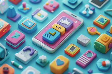 Volumetric icons representing marketing time on mobile phone, 3D realistic style