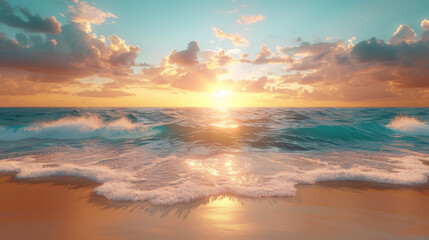 Beautiful sea summer or spring abstract background. Golden sand beach with blue ocean and cloudscape and sunset in the back