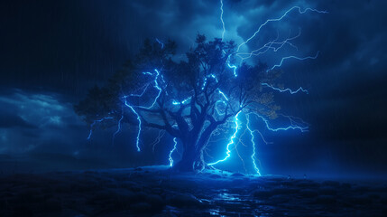 tree illuminated by multiple lightning strikes during a dark stormy night, intense and dramatic scene