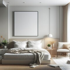 A bed in bedroom style interior set design have mockup poster empty white with and A chair and poster mockup creative Vibrant unique.