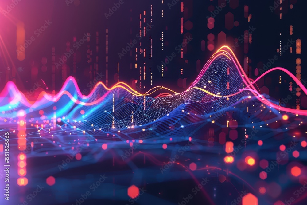 Poster abstract digital waves in a futuristic cyberspace, depicting data flow and technology innovation wit