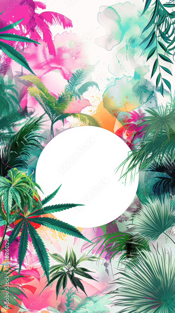 Wall mural Vibrant Jungle Cannabis Art Canvas with Logo Space in Turquoise, Magenta, Lime Green