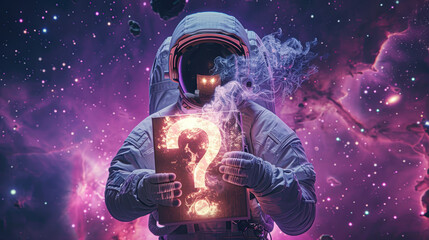 Astronaut Holding Question Mark Box in Retrofuturist Space Exploration