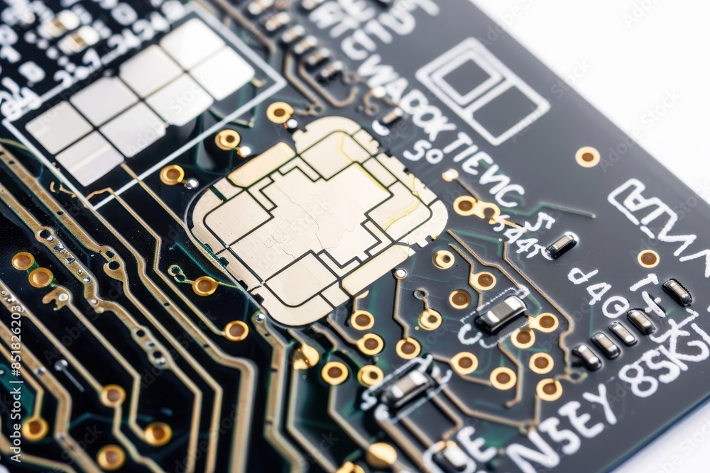 Poster close-up view of an intricate circuit board with microchip and gold connectors, showcasing advanced 