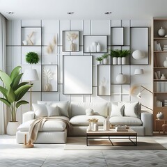 A living room style interior set design with a mockup poster empty white and with a couch and shelves Vibrant optimized engaging Vibrant professional.