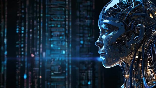 close-up of a humanoid robot with a metallic body and intricate circuitry, set against a dark, high-tech backdrop. The robot's design is sleek and futuristic, emphasizing advanced technology