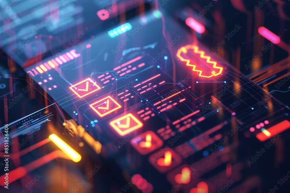 Poster futuristic digital interface with neon design elements, showcasing data analysis and technology inno