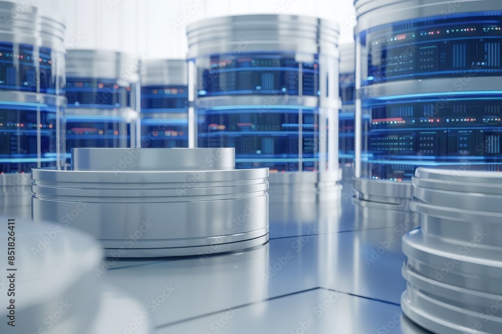 Poster futuristic data storage servers in a high-tech data center, showcasing advanced technology and effic