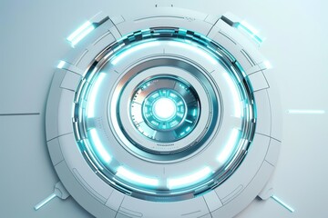 Futuristic technology interface with glowing blue lights in a circular design, ideal for sci-fi and tech-themed visual projects.