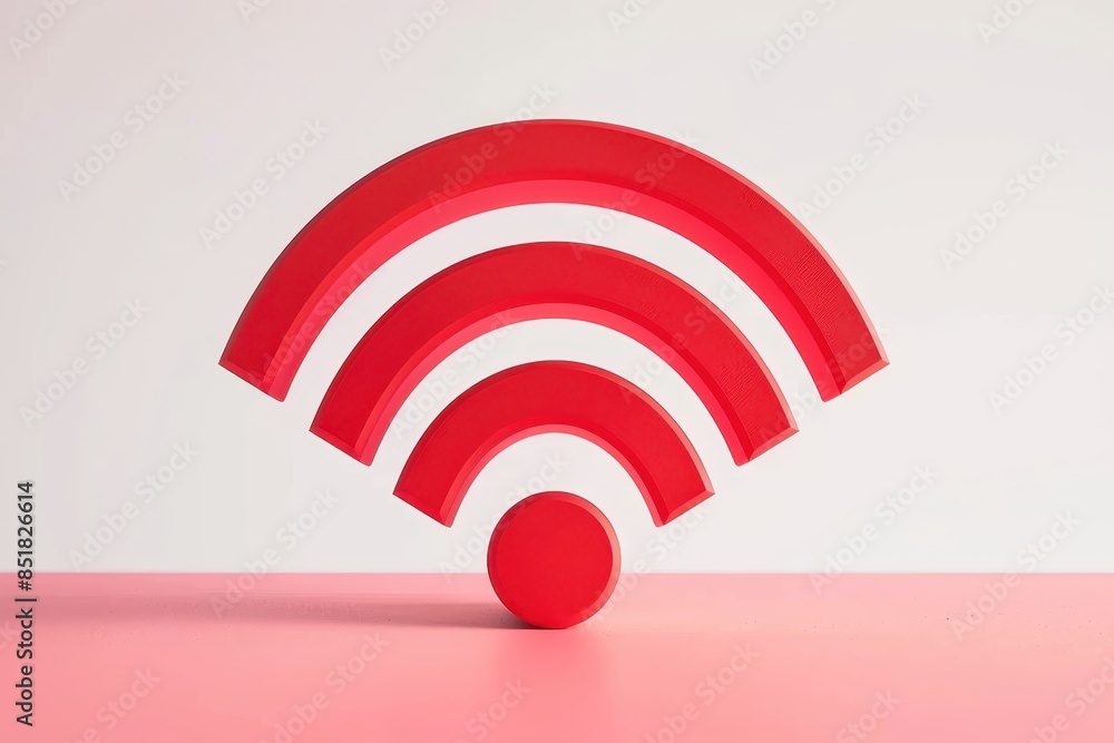 Poster red wifi signal symbol on a pink background, representing connectivity and network technology in a m