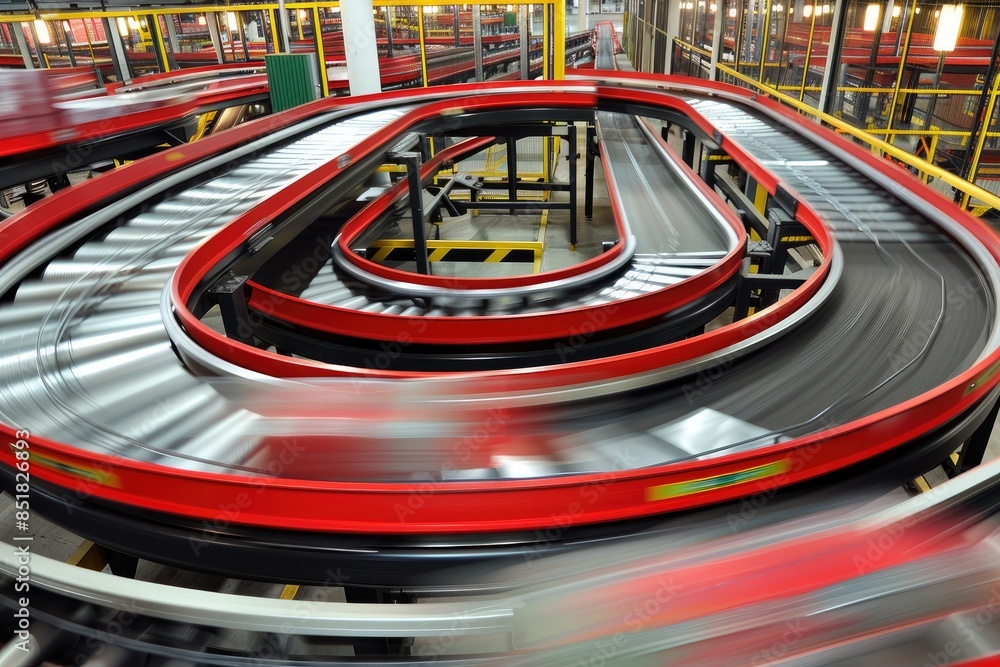 Poster a dynamic image of a modern conveyor belt system in a factory, showcasing the complexity and efficie