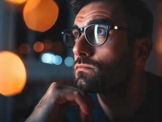 A young professional wearing glasses is looking at something thoughtfully. He has a beard and his hand is touching his chin. There are warm lights in the background.