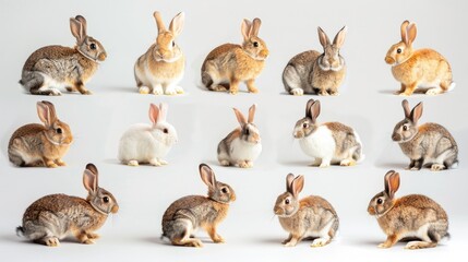 An array of rabbits displaying natural behaviors, from grooming to exploring, on a pure white background.