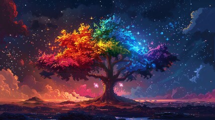 Vibrant Pixel Art Pride Tree with Rainbow Leaves under Starry Night Sky - Digital Illustration for LGBTQ+ Celebrations and Diversity Concepts