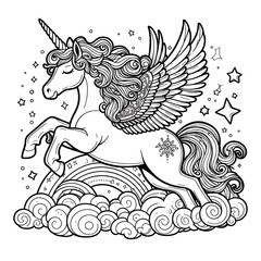 A black and white drawing of a unicorn coloring page design colours drawing graphic eyecatching accessible eyecatching vector engaging.