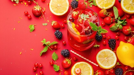 Naklejka premium Refreshing Summer Berry Drink with Lemon and Mint