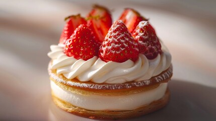 Close-up of a delectable strawberry cream pastry, featuring fresh strawberries and creamy frosting, perfect for dessert lovers.