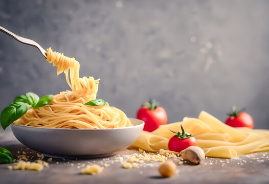 A bowl of spaghetti with fresh basil leaves, surrounded by cherry tomatoes, garlic, and uncooked pasta on a rustic table. World Pasta Day. - Powered by Adobe