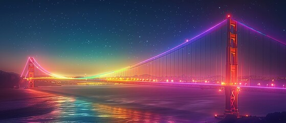 Pride Celebration: Golden Gate Bridge Glowing with Rainbow Lights at Night with Copy Space Below, Vibrant Illumination