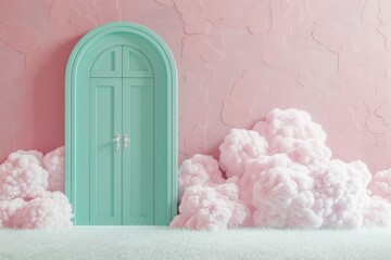 3d render of cloud in soft lavender background with teal arch door minimalistic
