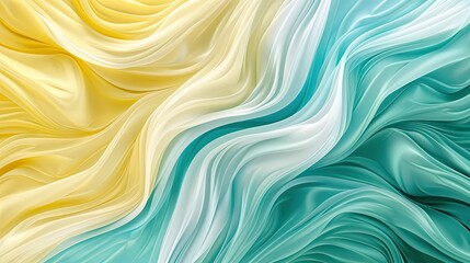 Obraz premium Abstract artistic background with flowing waves of yellow and teal fabric, creating a soft, serene, and colorful aesthetic effect.