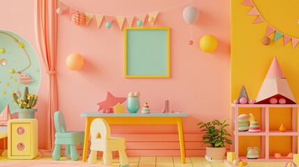 Colorful children's playroom with bright furniture, decorations, and toys. Playful, cheerful atmosphere perfect for kids.